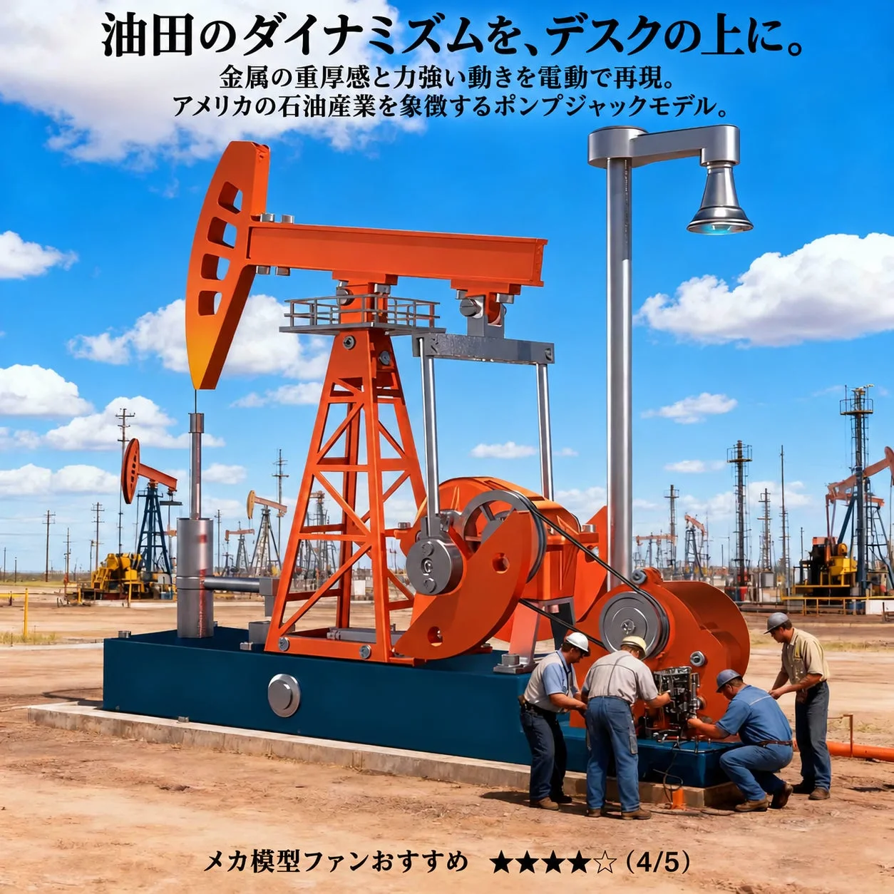 油田のダイナミズムを、デスクの上に。金属の重厚感と力強い動きを電動で再現。アメリカの石油産業を象徴するポンプジャックモデル。メカ模型ファンおすすめ ★★★★☆ (4/5)