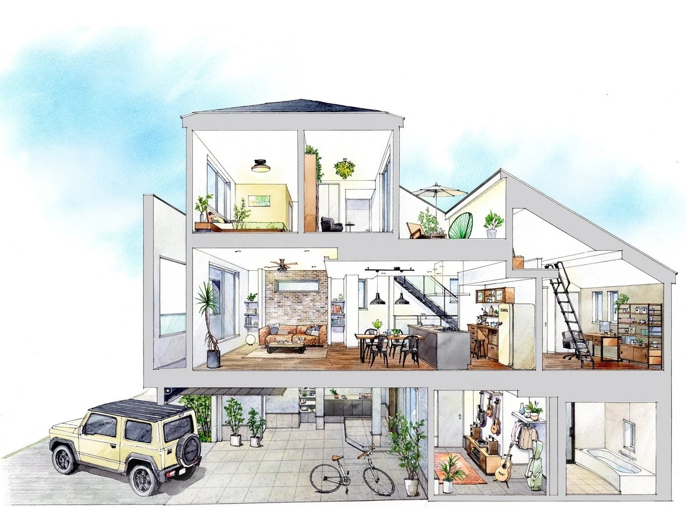 手書きの水彩画で描かれた、モダンで快適な多層住宅の断面図です。ガレージ、リビング、ダイニング、キッチン、寝室、書斎、バスルーム、屋上テラスなど、各空間が詳細に表現されており、緑豊かな植物が随所に配置されたおしゃれなライフスタイルがうかがえます。