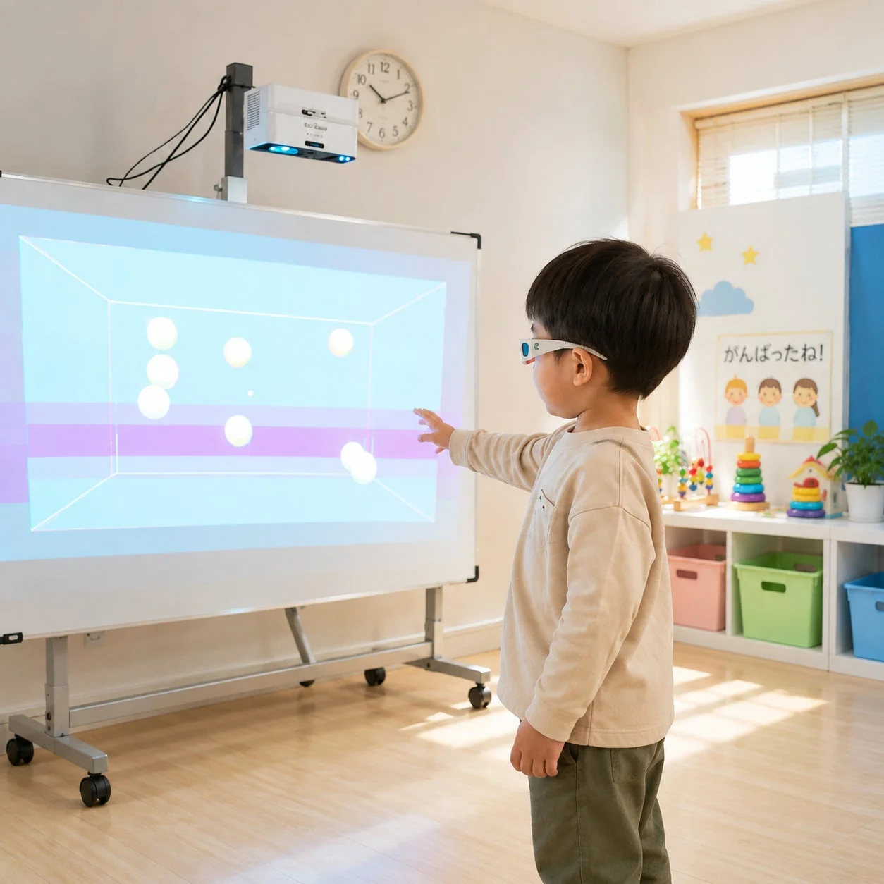 3Dメガネをかけた子供がインタラクティブコンテンツで遊ぶ