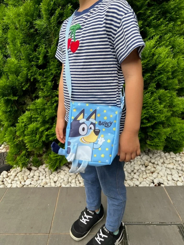 ブルーイポシェットを身につけた子供