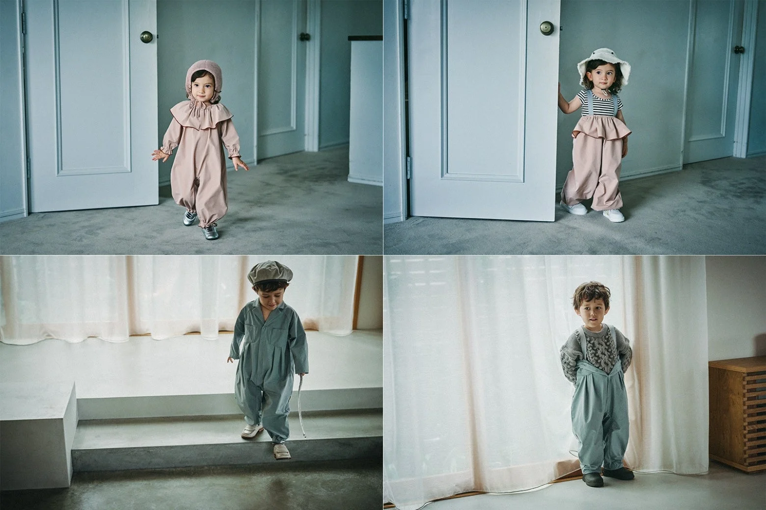 様々なデザインの子供服を着た4人の子供たちのコラージュ画像です。ピンクのロンパース、ストライプのトップス、作業着風のセットアップ、ニットとサロペットなど、可愛らしいキッズファッションが特徴です。