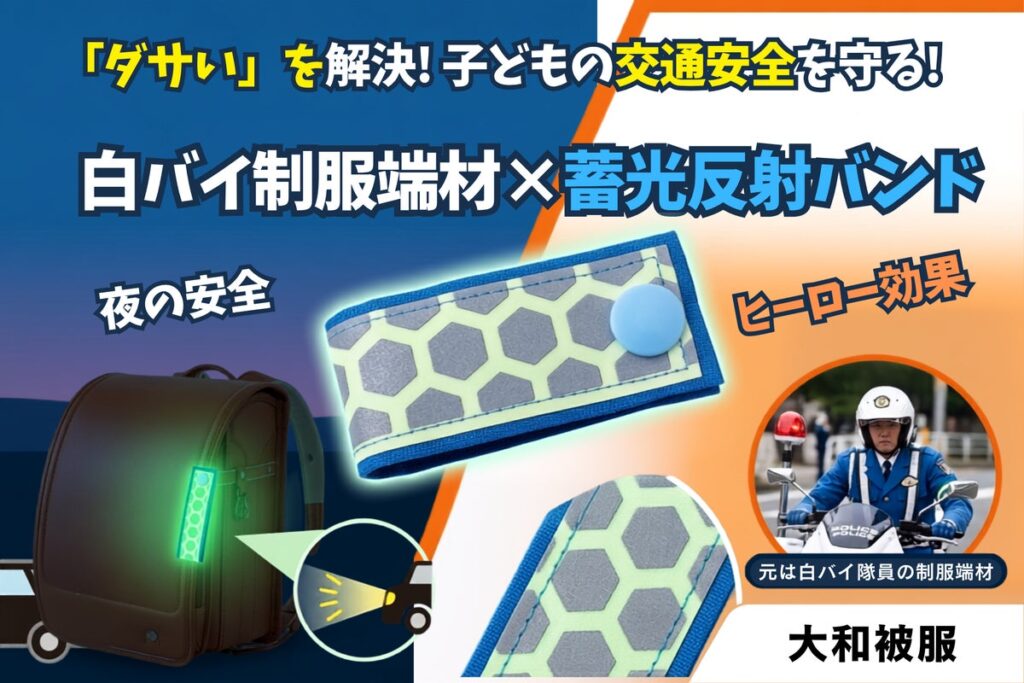 「夜光タスキを着けるのは恥ずかしい」子どもたちの本音を解決！白バイ隊員の制服端材で作った『蓄光反射バンド』で、登下校の交通安全を守る