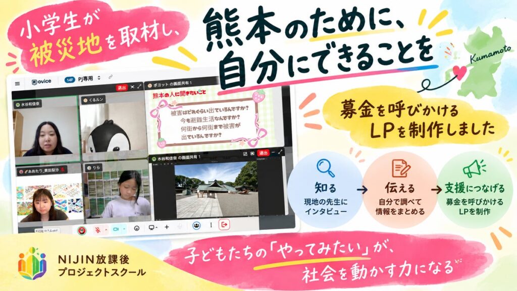 【NIJINアカデミー放課後PJ】「熊本のために、自分にできることを」小学生が被災地を取材し、募金を呼びかけるLPを制作